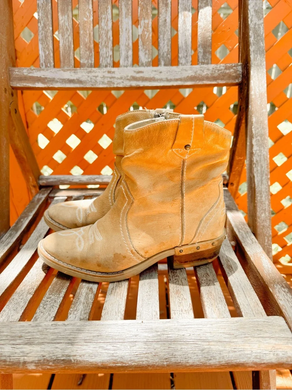 Sundance Etta Western Boot Tan Distressed Leather Ankle Booties EU 38/ US 7.5